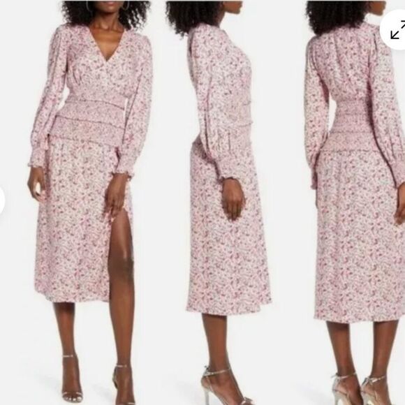 AFRM Hazel Floral Long Sleeve Smocked Midi Dress In Baby Pink Ditsy Size M - Picture 3 of 4